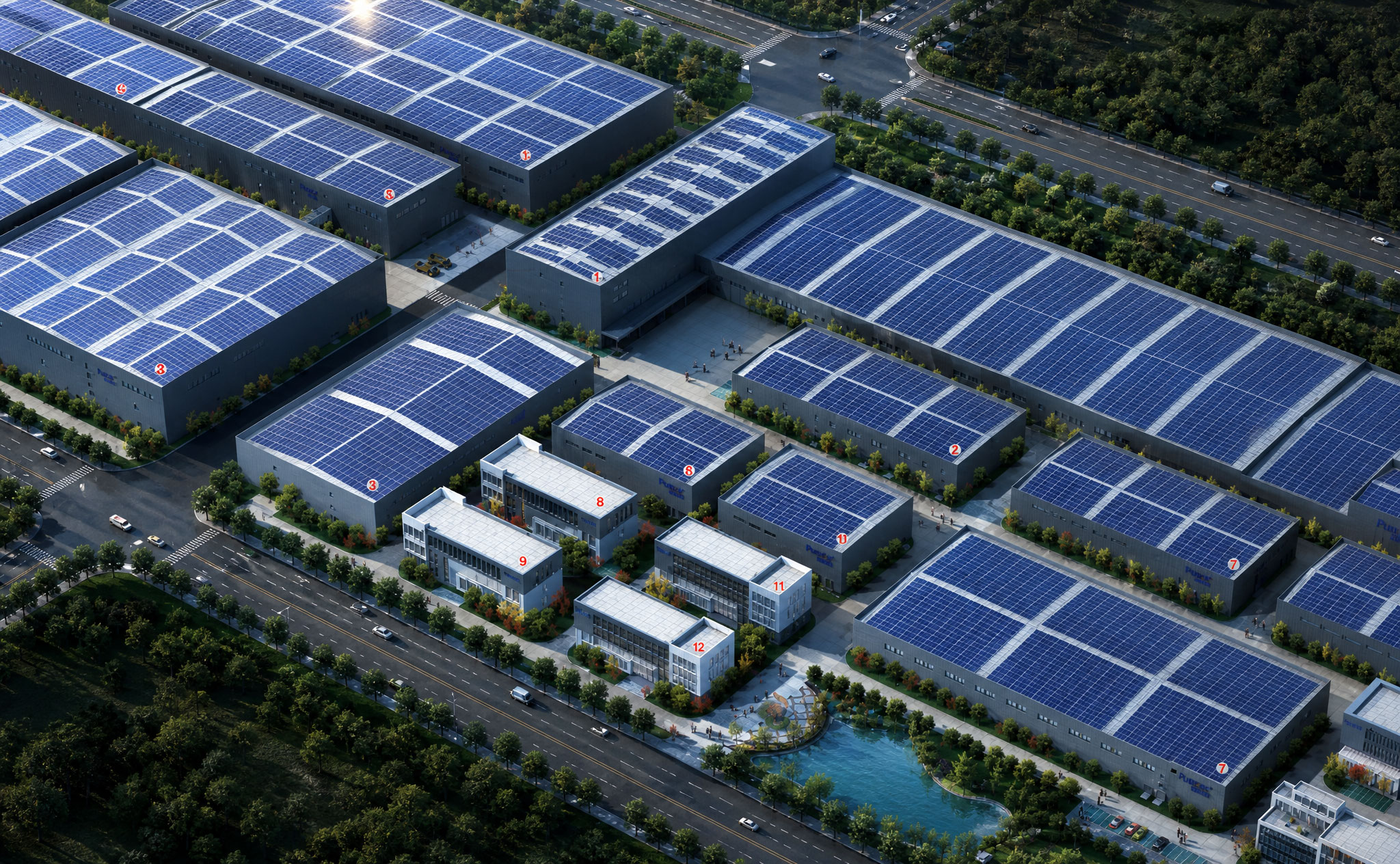 Aerial rendering of the Sanqi production zone with rooftop solar arrays and landscaped surroundings