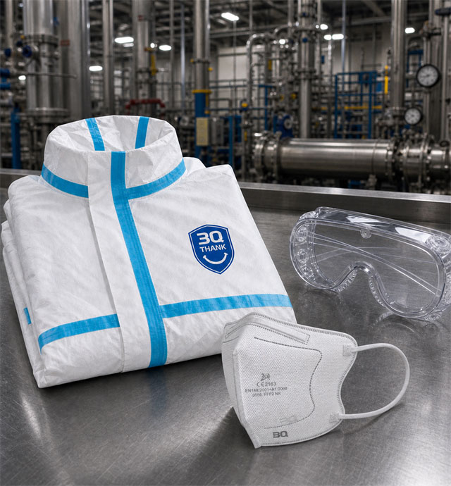 SAN QI MEDICAL protective clothing, respirator and eye protection production display